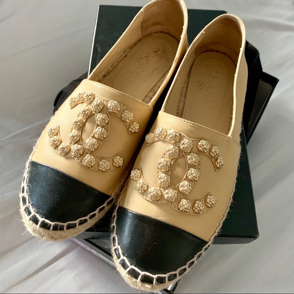 Chanel Lambskin Studded Camellia Espadrilles Sz 37